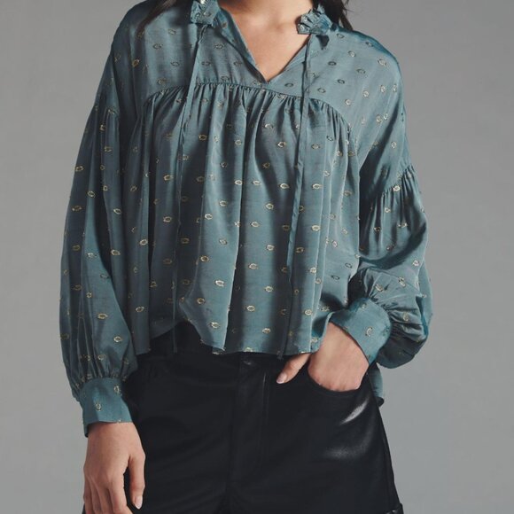 Anthropologie Tops - By Anthropologie Ruffled Peasant Blouse Gold and Slate Blue Blouse Size S